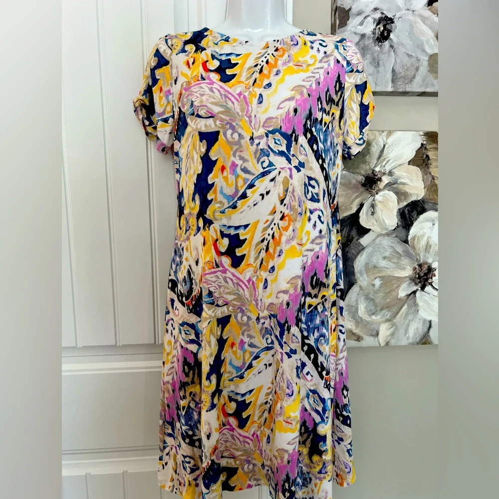 CHICOS FLORAL TWIST SLEEVE STRETCH JERSEY KNIT DRESS SZ 6 - Picture 2 of 10